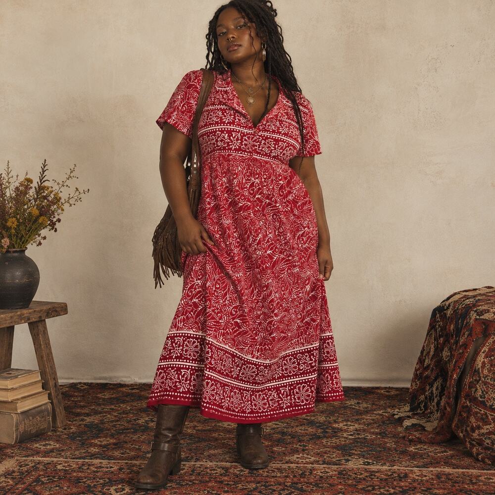 Vintage 90s Loungees Cotton Red Floral Maxi Dress 1X Boho Indie Sleaze Folksy